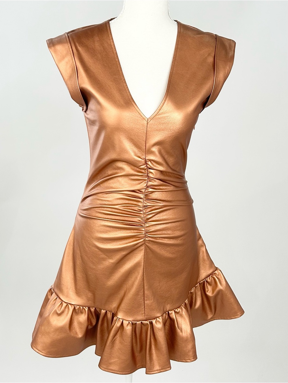 S’Edge Danielle Vegan Leather Mini Dress XS Metallic Bronze Ruched Ruffle